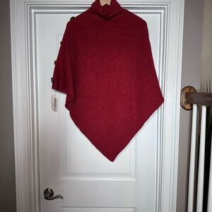 Red Knit Poncho with Button Detail